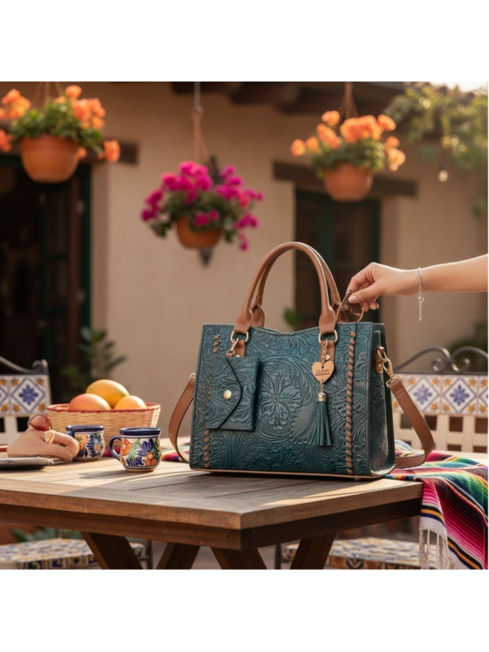 Teal Blue Brown FLORAL Cross Stitch Embossed Tooled Artisan LEATHER Purse Bag